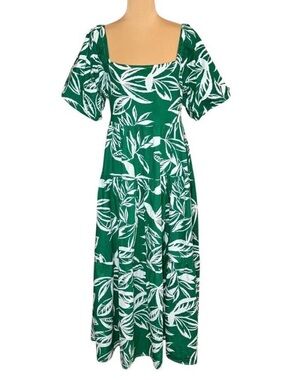 Meadow Rhodes Cotton Printed Tiered Midi Dress Sz L Green Puff Sleeve Feminine